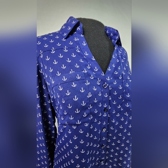 ♥️ EXPRESS PORTOFINO SHIRT BUTTON DOWN - NAVY BLUE ANCHOR PRINT WOMEN'S SIZE S|P - Picture 9 of 14